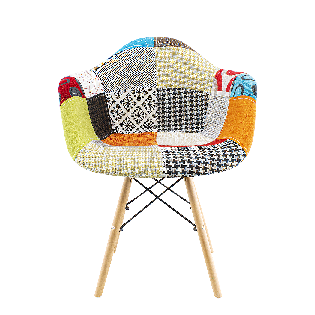 Lot de 2 fauteuils EIFFEL en tissu Patchwork assise moelleuse pieds bois