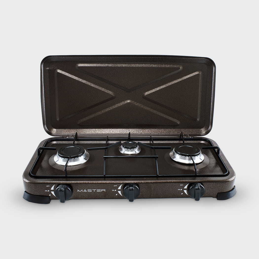 525886 Cuisinière à gaz portable 3 feux et couvercle 5,4kW Camping et Maison
