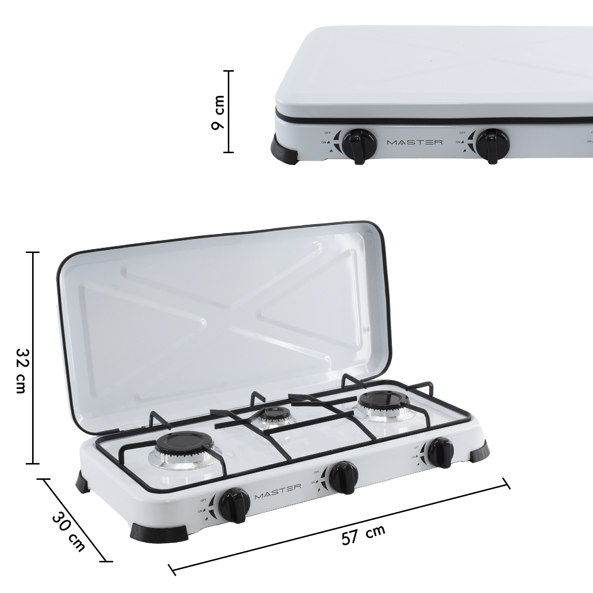525886 Cuisinière à gaz portable 3 feux et couvercle 5,4kW Camping et Maison