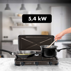 525886 Cuisinière à gaz portable 3 feux et couvercle 5,4kW Camping et Maison