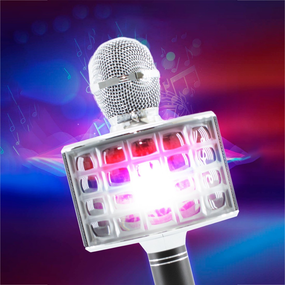 Microphone karaoké sans fil lumière LED Q-C107 Records chante et joue de musique