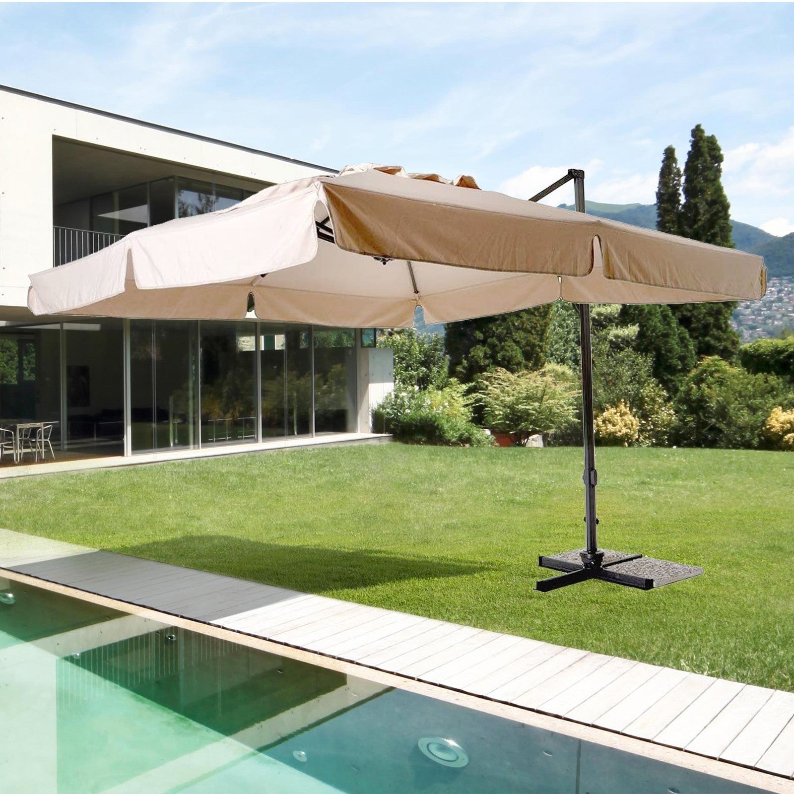 Parasol rectangulaire RIMINI 3x4m coloris écru avec mât rétractable décentralisé