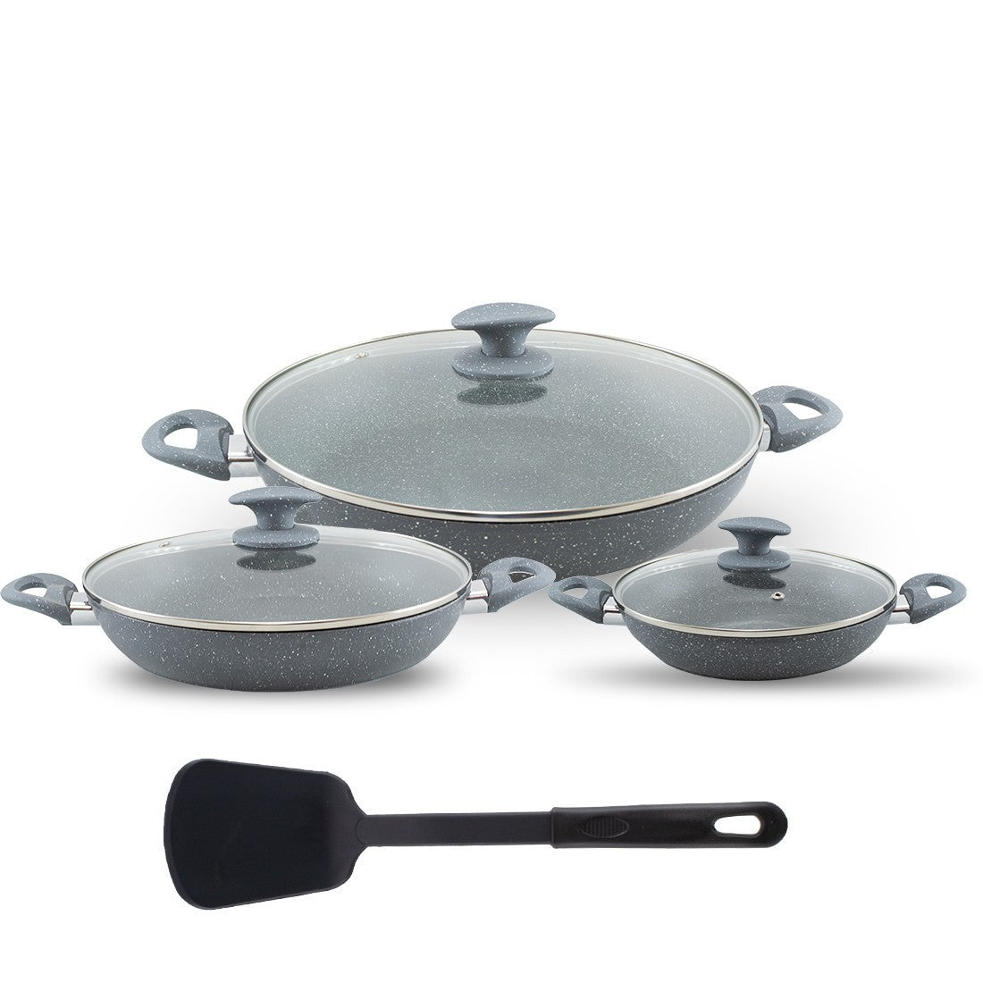 Set 7 poêles en pierre volcanique antiadhésive GRIS 24-28-32cm avec couvercles