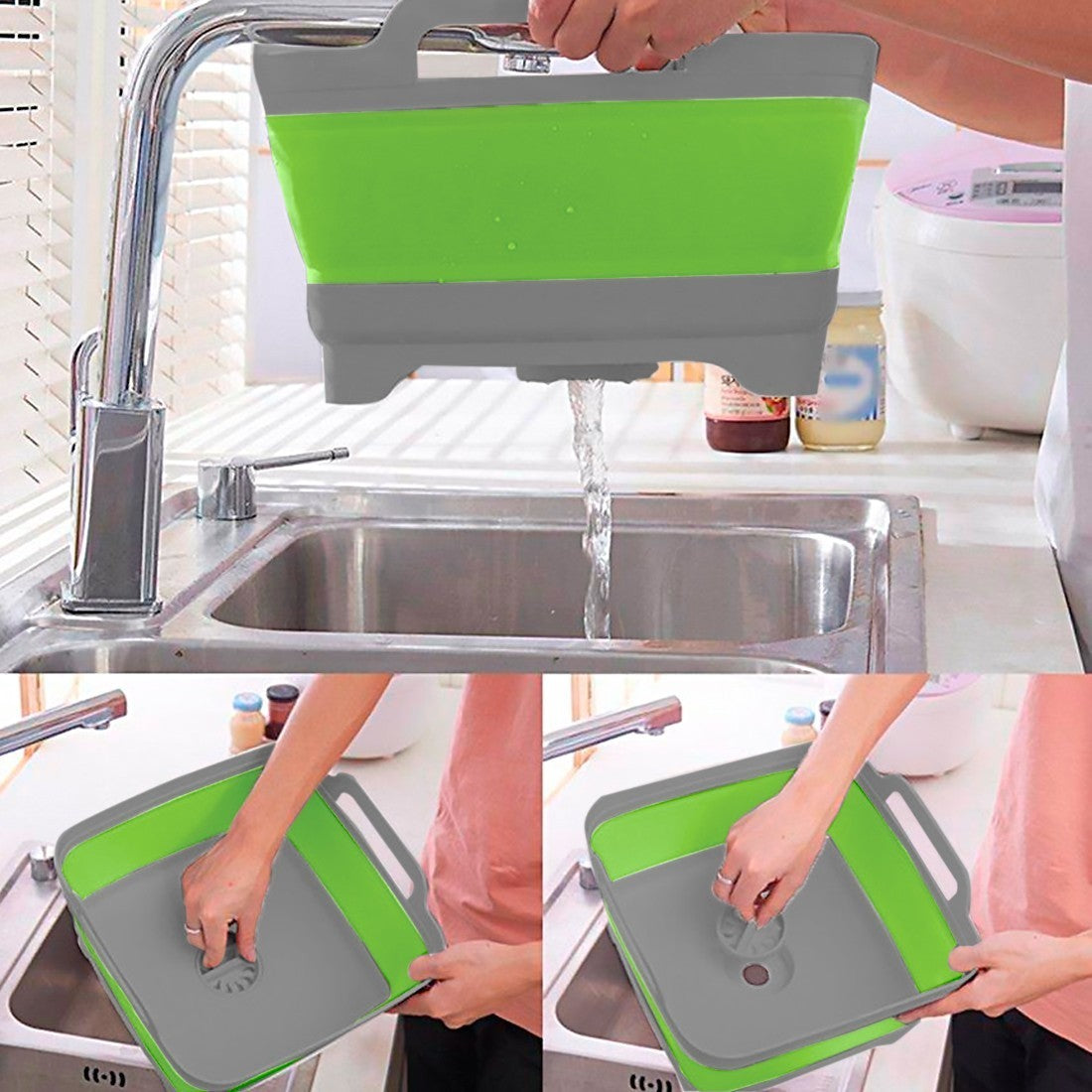 605806 Panier de lavage multifonction pliable en silicone avec bouchon vidange