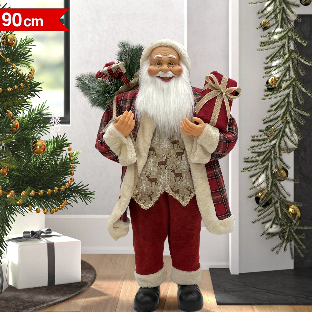 Père Noël rouge écossais 144244 robe en velours 90H cm avec lumières et sons