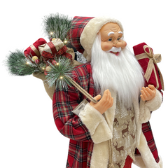 Père Noël rouge écossais 144244 robe en velours 90H cm avec lumières et sons