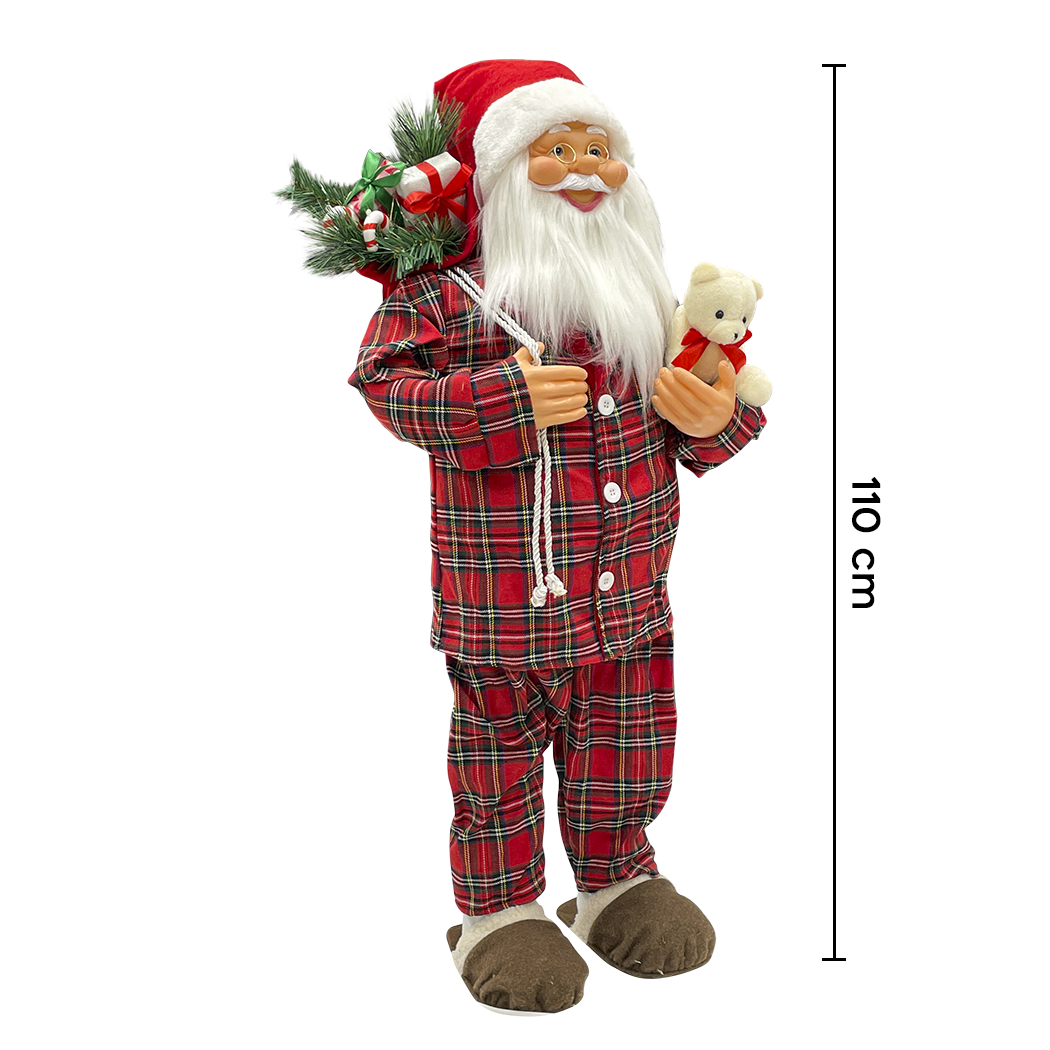 Père Noël 110H cm avec pyjama rouge écossais 144251 avec mini lumières et sons