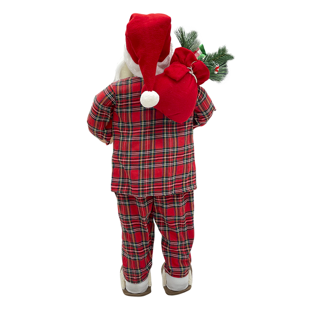 Père Noël 90H cm avec pyjama rouge écossais 144252 avec mini lumières et sons