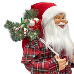 Père Noël 60H cm avec pyjama rouge écossais 144254 avec mini lumières
