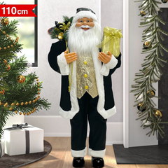 Père Noël noir et or 144267 robe en velours 110cm avec mini lumières et son