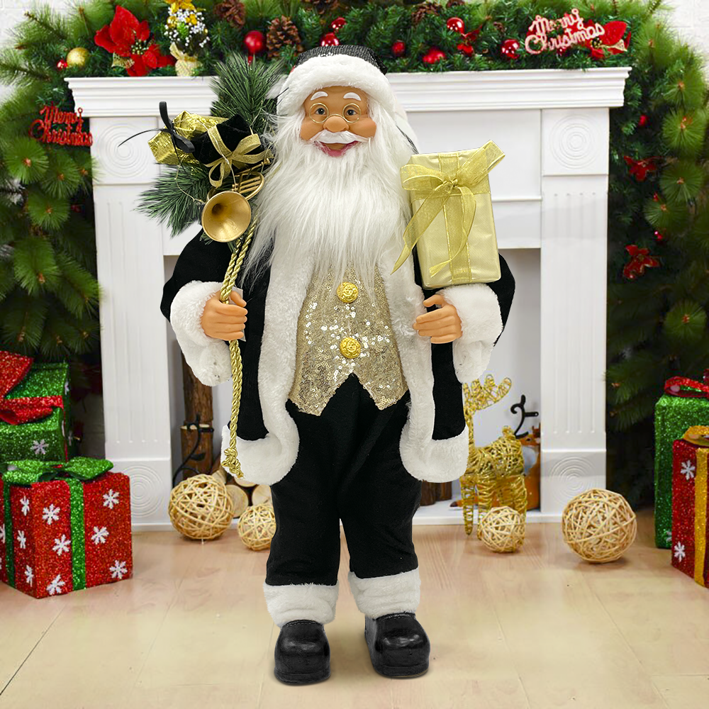 Père Noël noir et doré 144268 robe velours 90cm mini lumières et sons