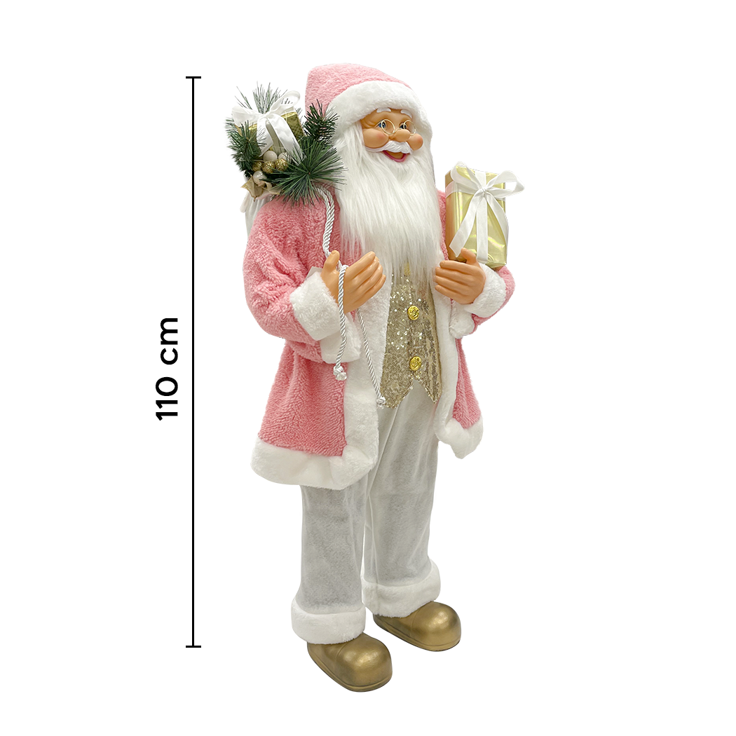 Père Noël 110H cm robe rose et blanche 144283 avec mini lumières et sons