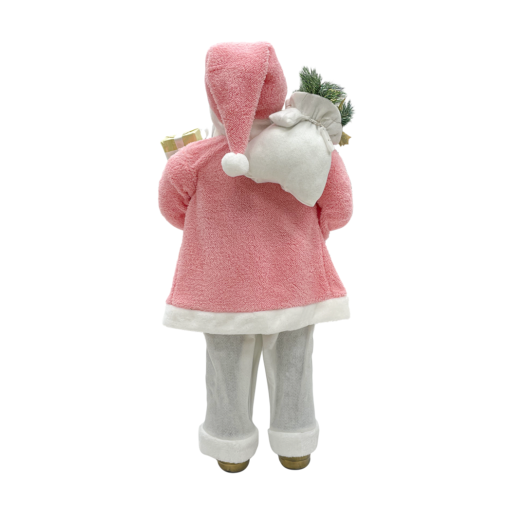 Père Noël 110H cm robe rose et blanche 144283 avec mini lumières et sons