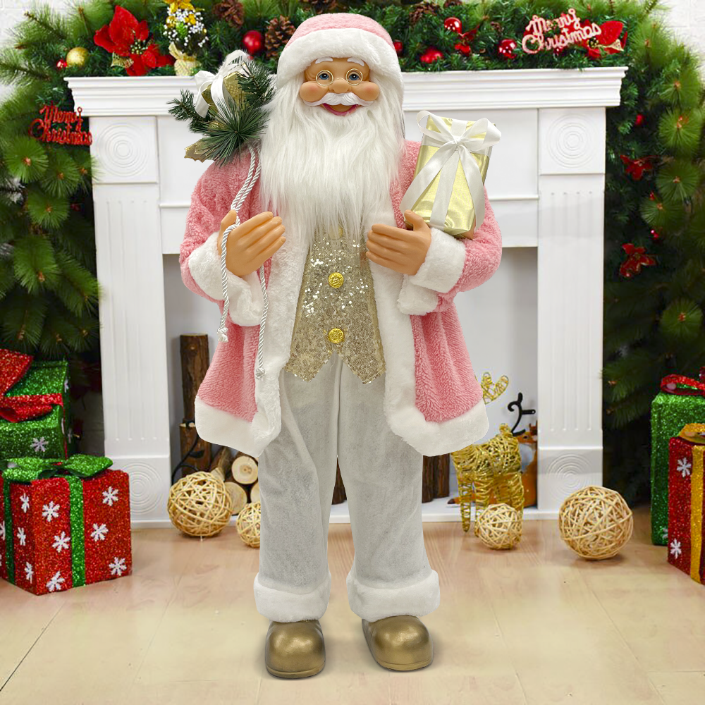 Père Noël 110H cm robe rose et blanche 144283 avec mini lumières et sons