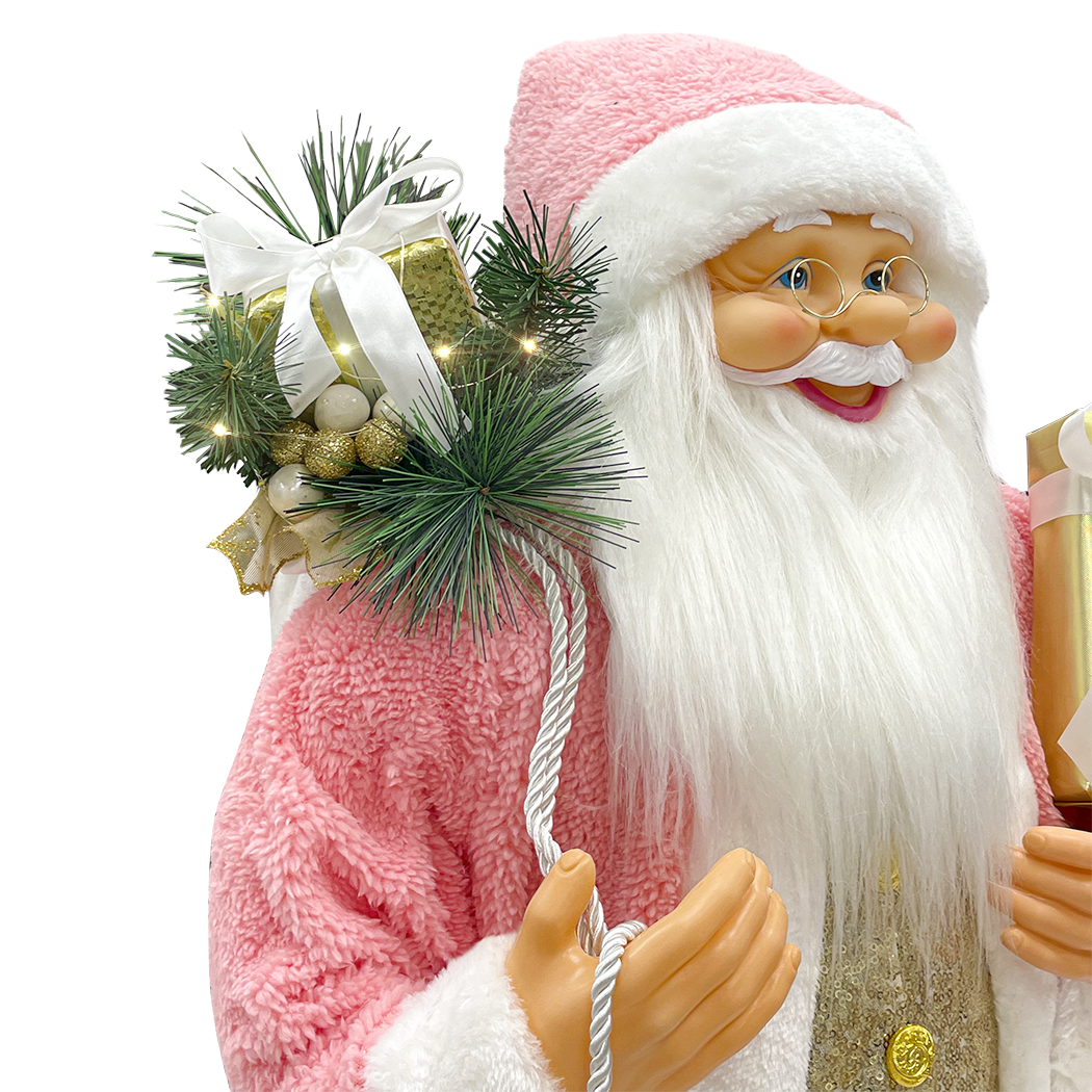 Père Noël 110H cm robe rose et blanche 144283 avec mini lumières et sons