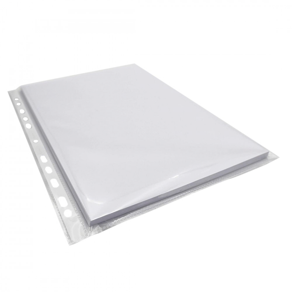 Paquet de 100 enveloppes transparentes perforées brillantes universelles 22x30cm