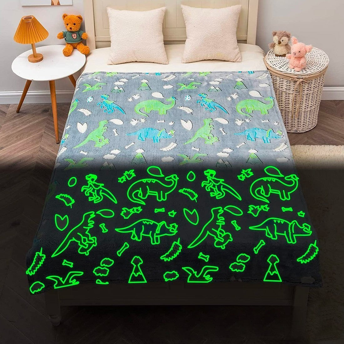 Couverture magique de couleur gris doux pour enfants dinosaure fluorescent