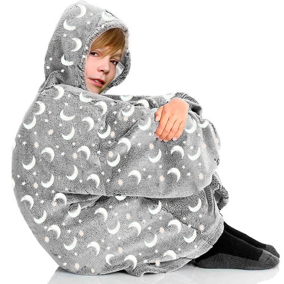 Cape polaire enfant avec capuche et manches Grise avec Etoile Lune Fluorescentes