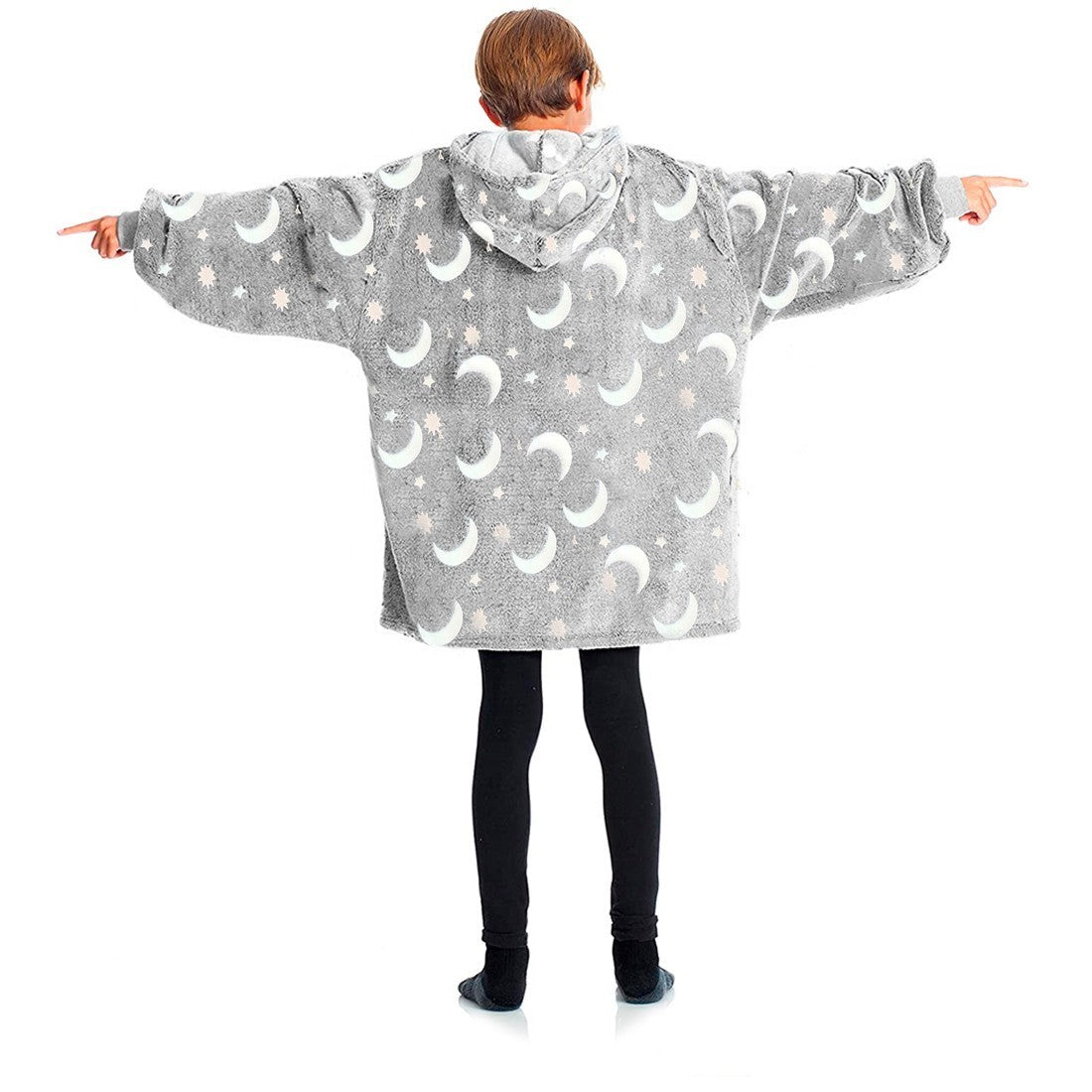 Cape polaire enfant avec capuche et manches Grise avec Etoile Lune Fluorescentes