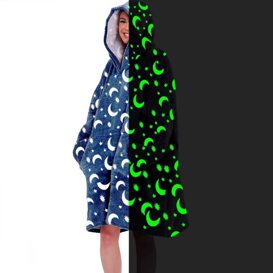 Manteau polaire oversize BLEU fluo avec capuche et poche