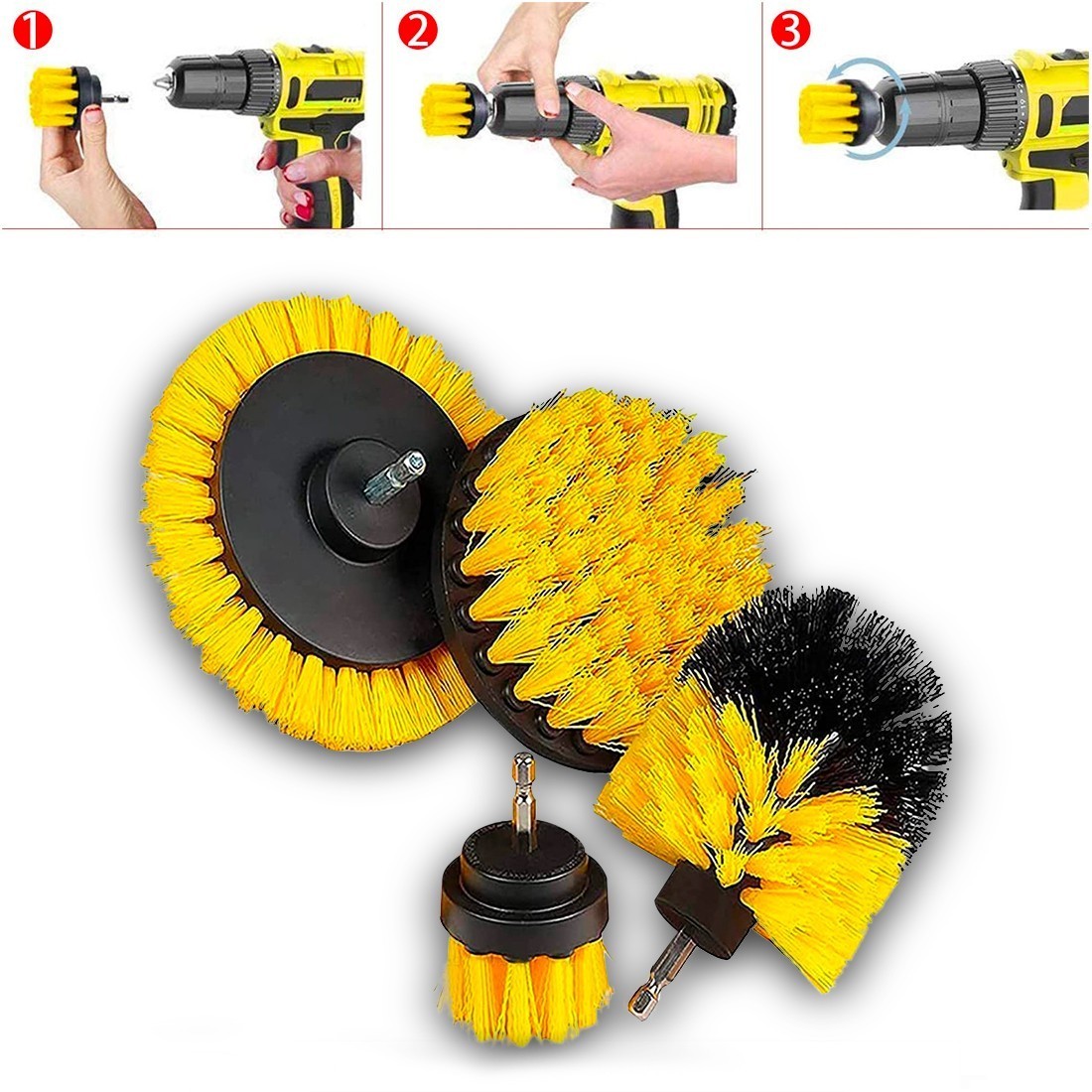 Set 4 brosses jaunes pour set nettoyage de perceuse électrique à poils rigides