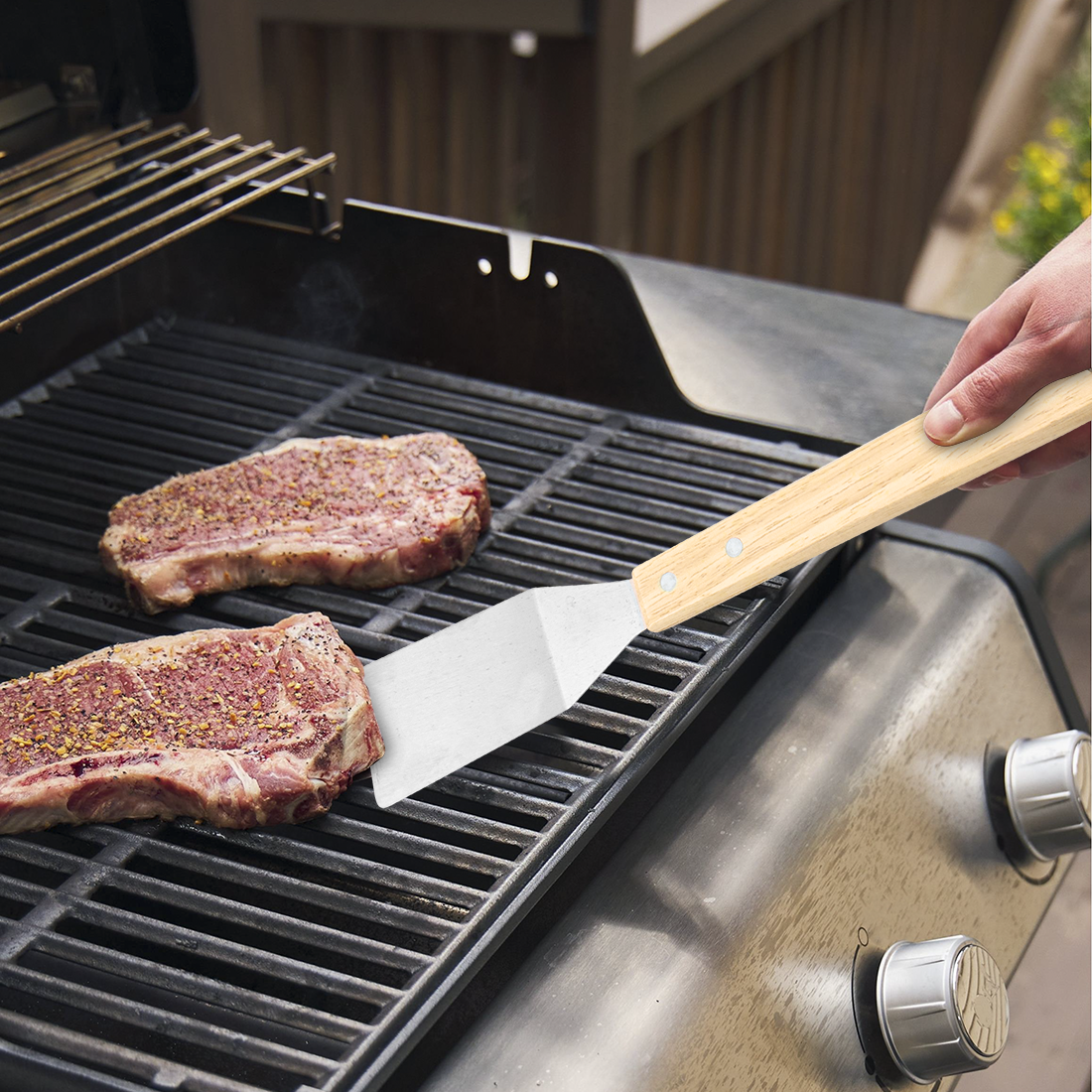 3 Ustensiles pour barbecue pince spatule et fourchette en bois inox