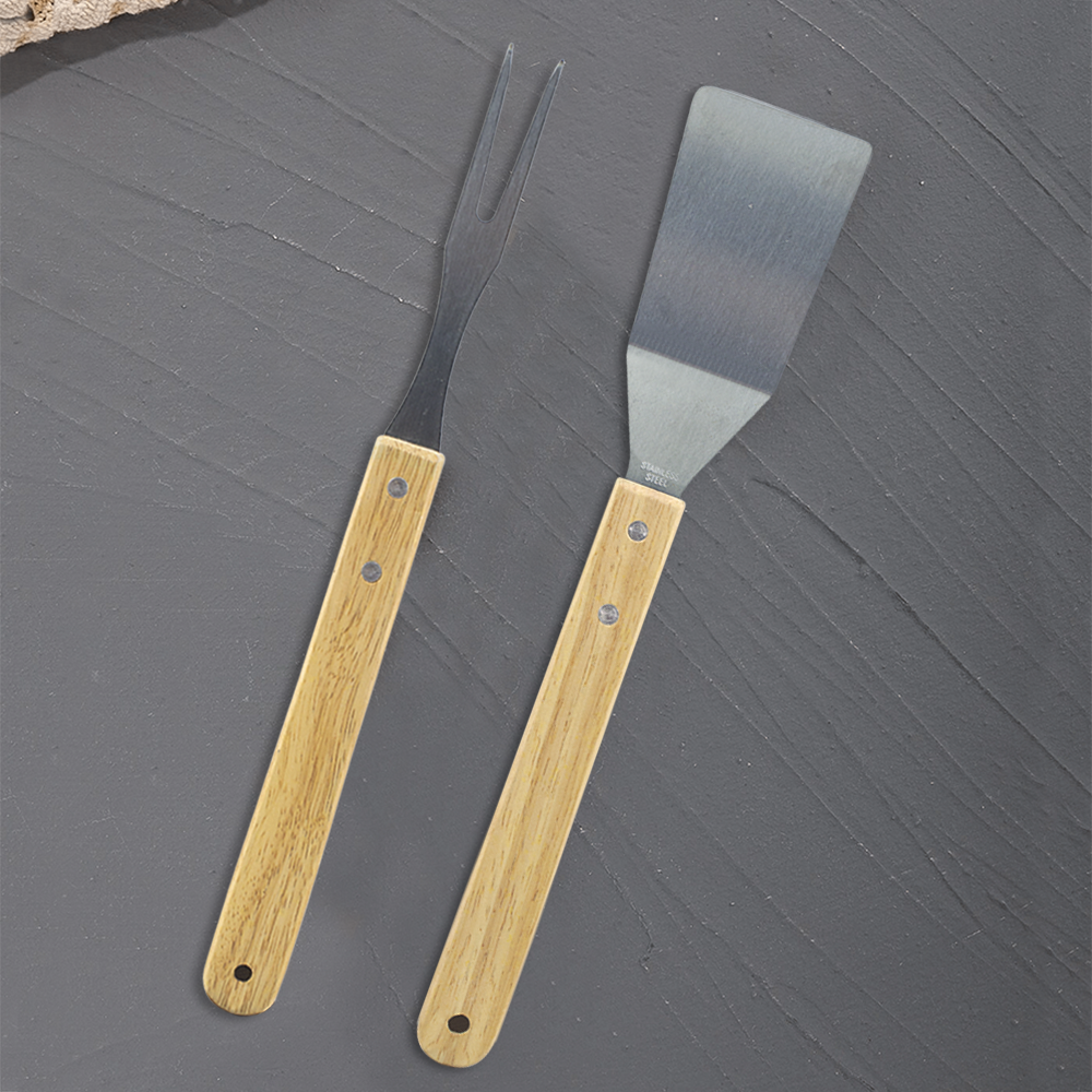 3 Ustensiles pour barbecue pince spatule et fourchette en bois inox