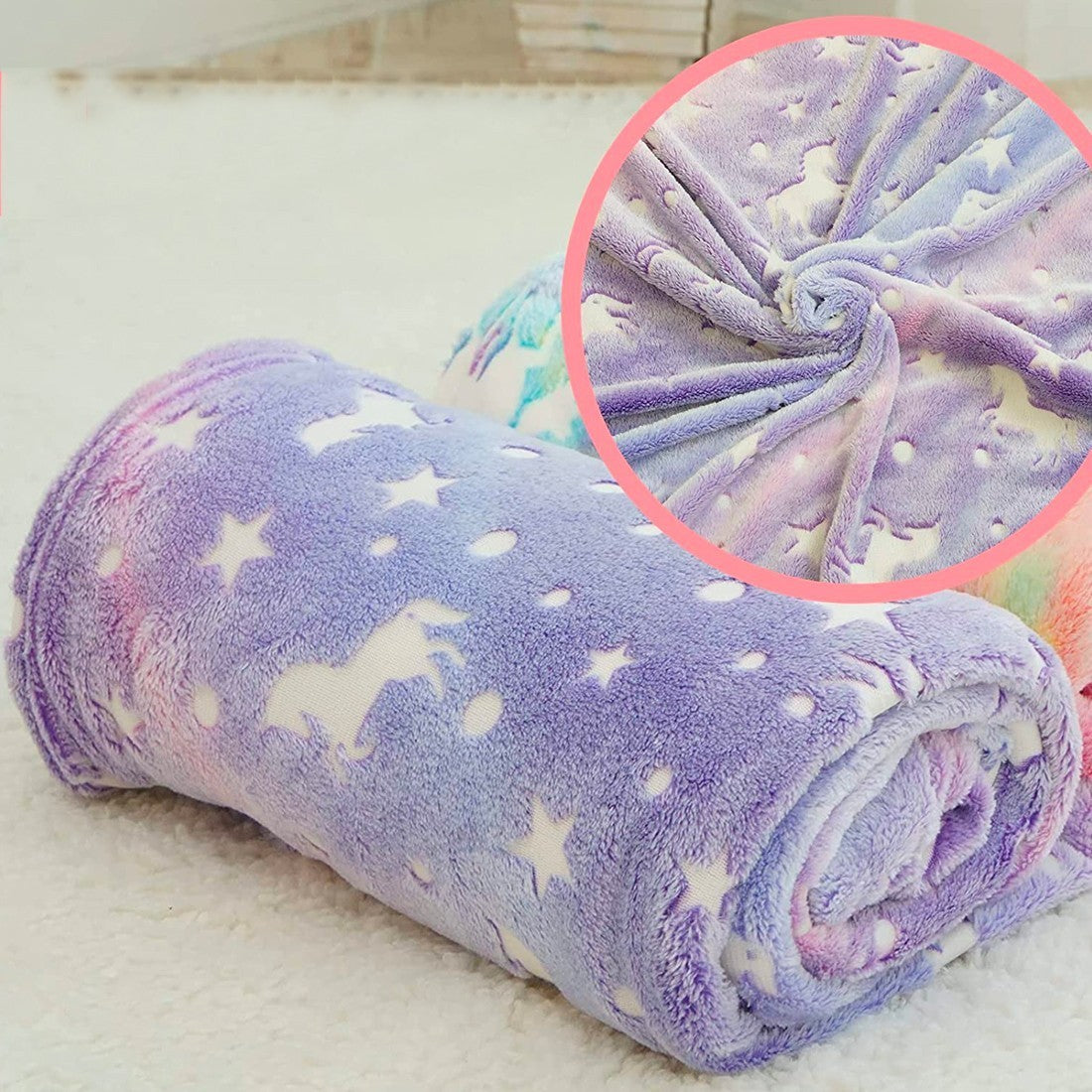 Doudou magique polaire lilas pour enfant Licornes Fluorescentes 170x120