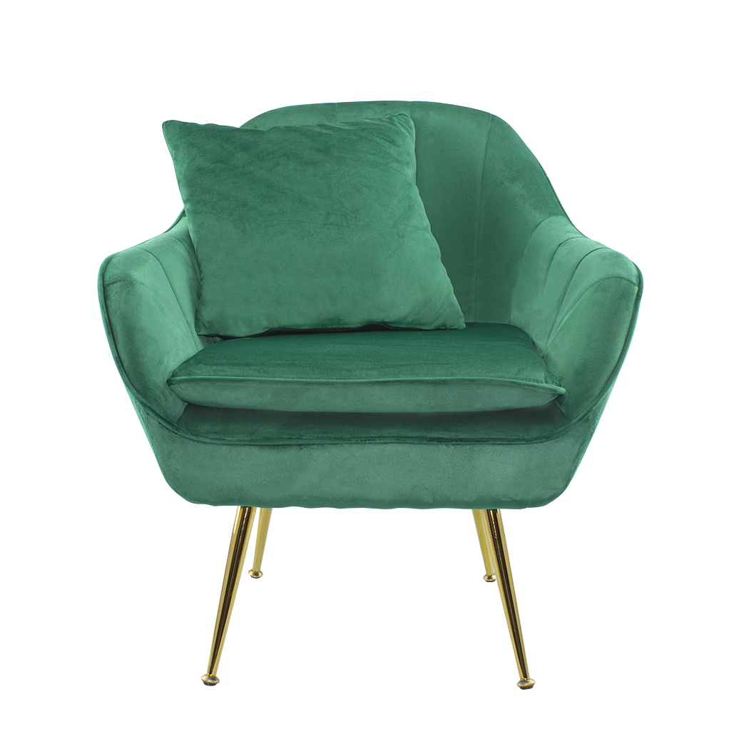 Fauteuil SATURNO avec assise velours rembourré et coussin avec structure dorée