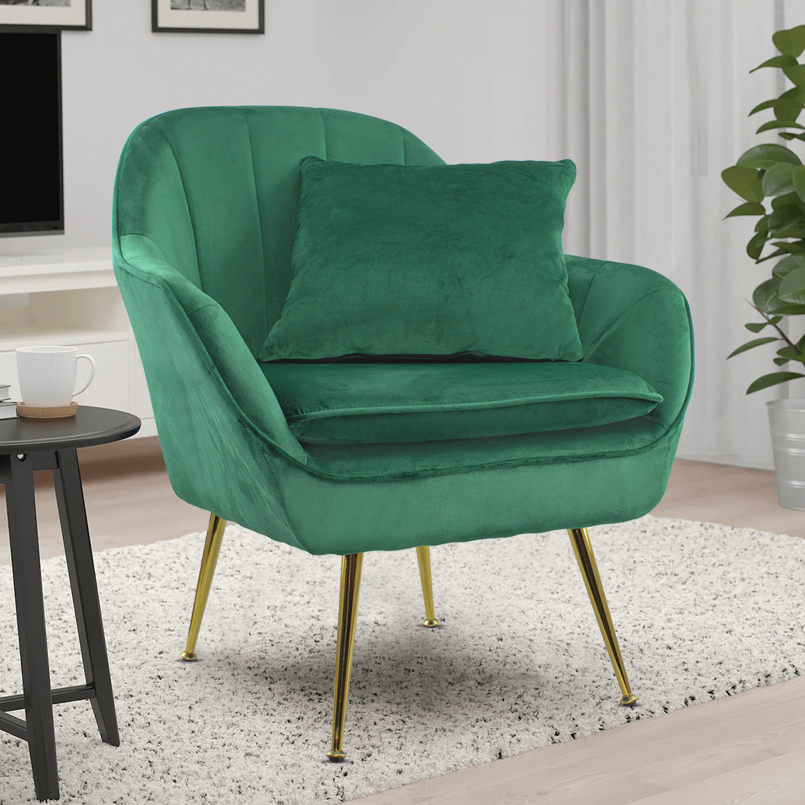 Fauteuil SATURNO avec assise velours rembourré et coussin avec structure dorée