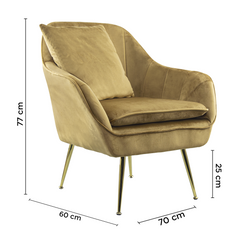 Fauteuil SATURNO avec assise velours rembourré et coussin avec structure dorée