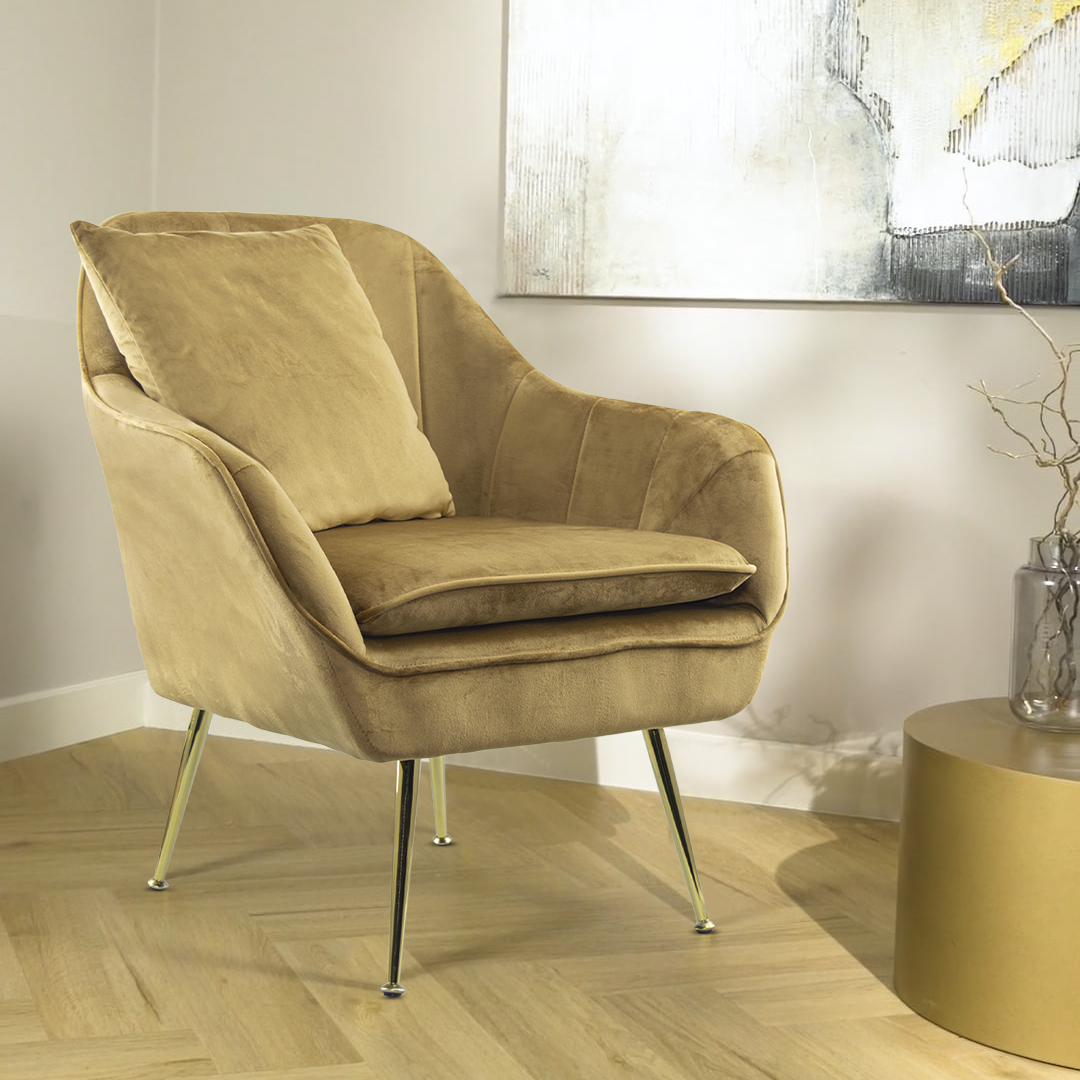 Fauteuil SATURNO avec assise velours rembourré et coussin avec structure dorée