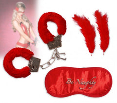 Ensemble de 3 accessoires jeu sadomasochiste menottes, masque et plumes -748909