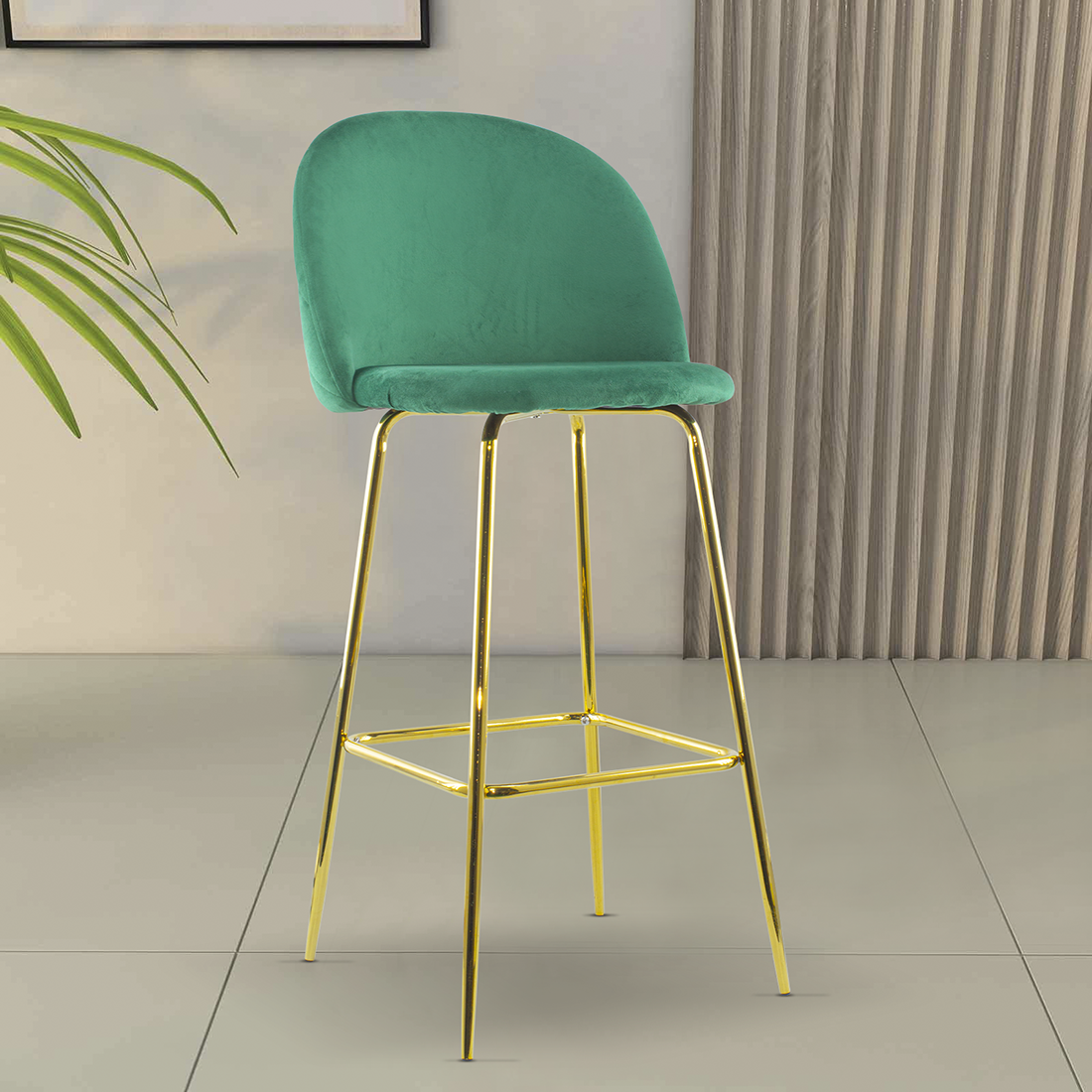 Tabouret velours GRETA structure dorée avec dossier et repose-pieds