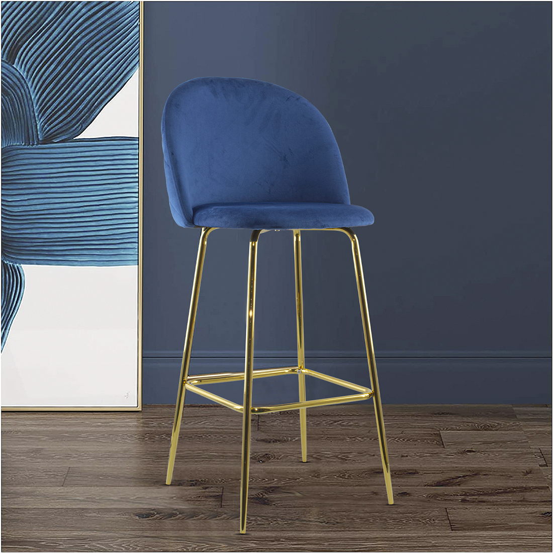 Tabouret velours GRETA structure dorée avec dossier et repose-pieds