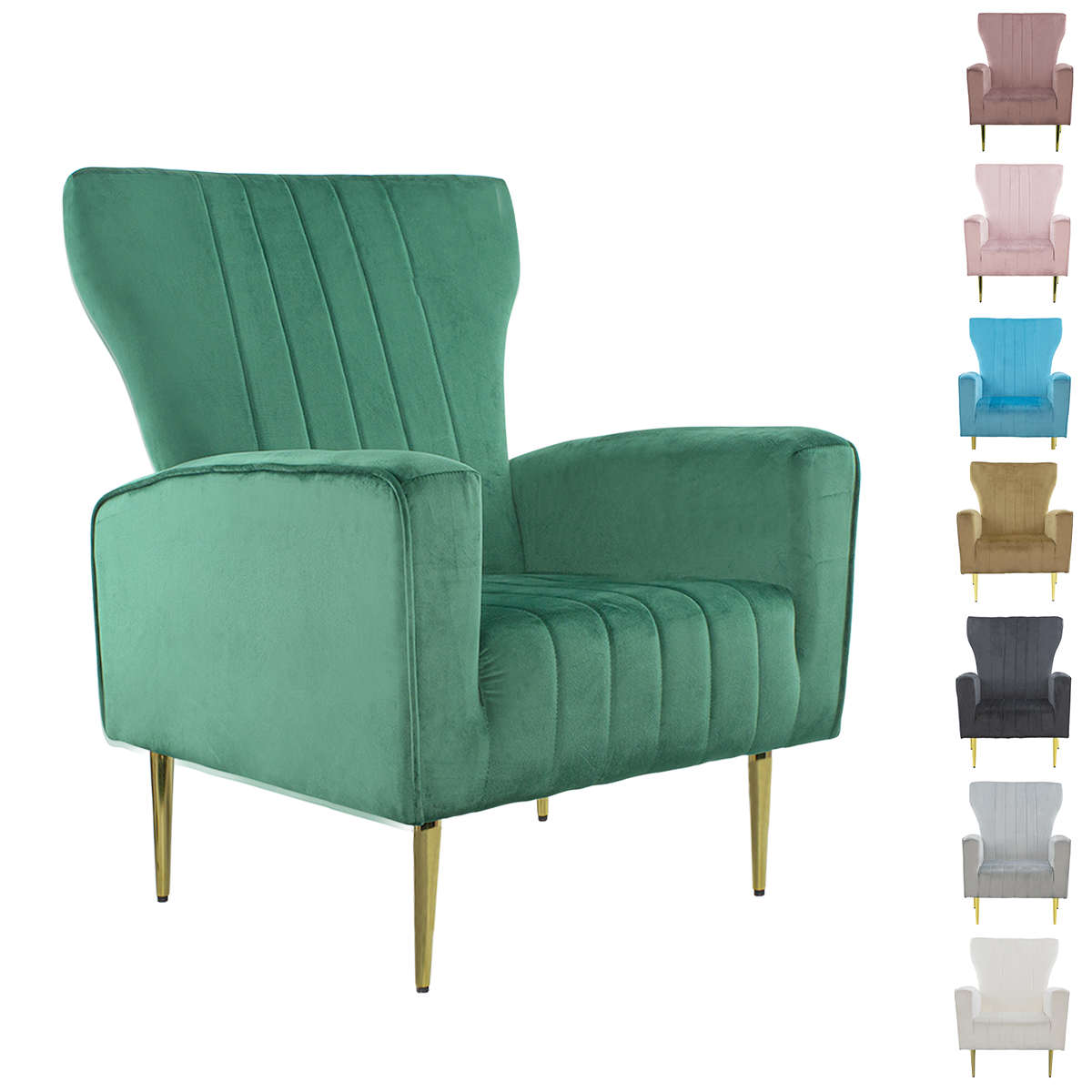 Fauteuil en velours DORIAN dossier haut capitonné pieds dorés 98HX70X70cm