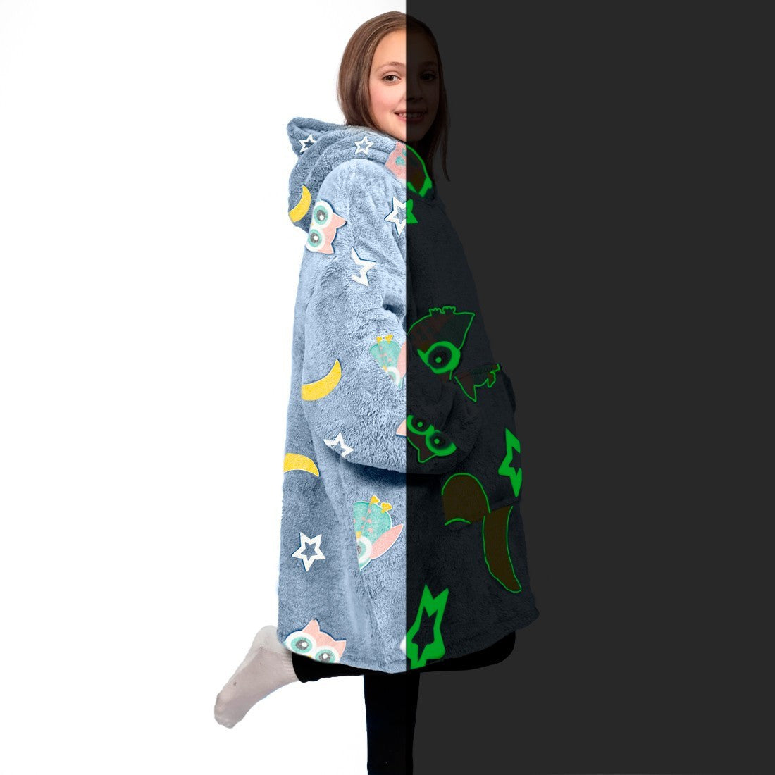 Cape polaire grise pour enfant avec capuche et manches avec hiboux fluo
