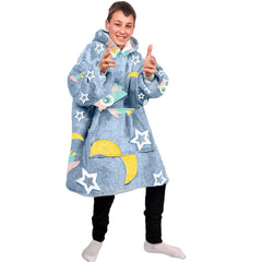 Cape polaire grise pour enfant avec capuche et manches avec hiboux fluo