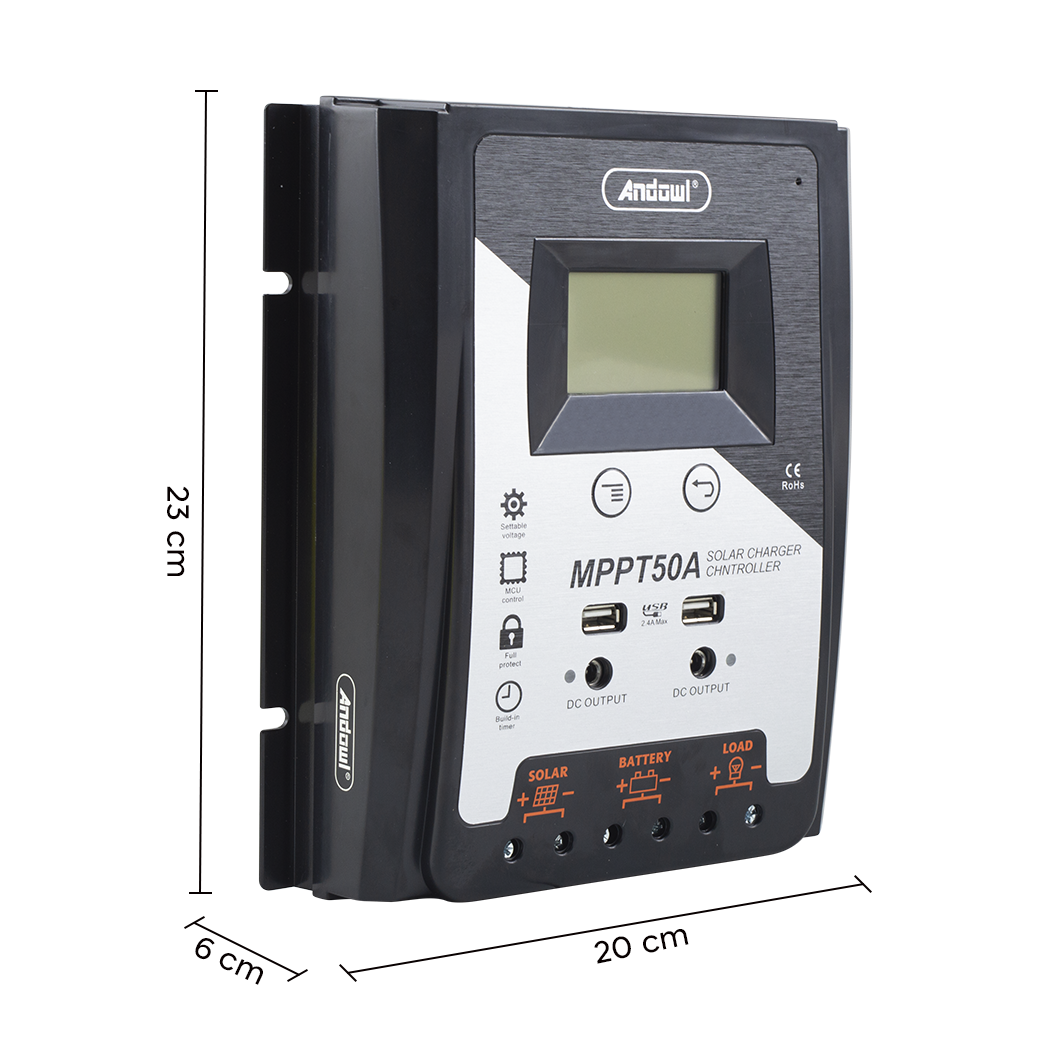 Régulateur charge solaire MPPT50A 12-24-48V Contrôleur batterie 2x affichage USB