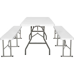 Set de table 2 bancs pliants en plastique blanc pour jardin, camping, bar