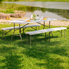 Set de table 2 bancs pliants en plastique blanc pour jardin, camping, bar