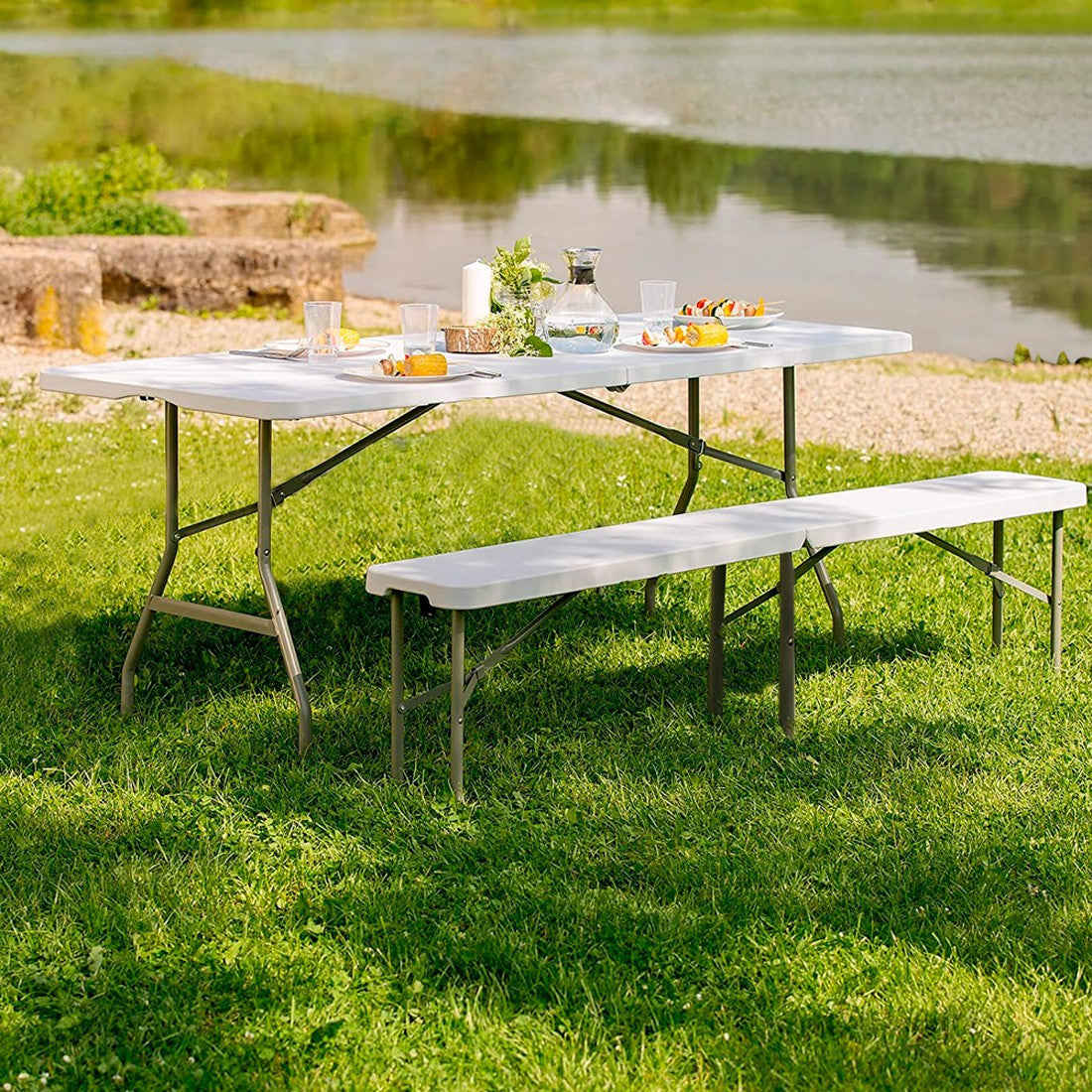 Ensemble table et banc pliants en plastique blanc pour jardin, camping, bar