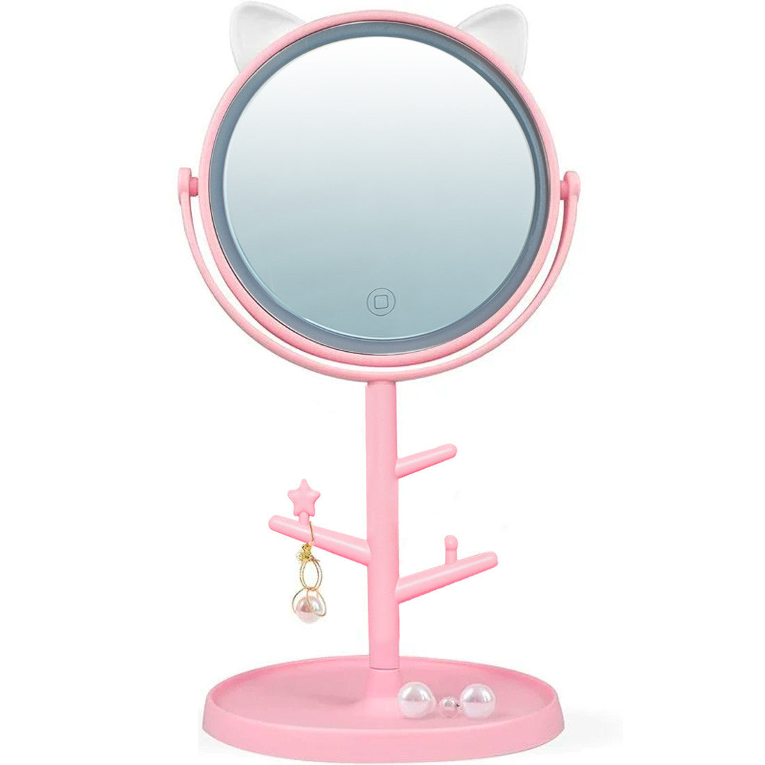 Miroir de maquillage cosmétique de table à LED avec porte-bijoux rechargeable