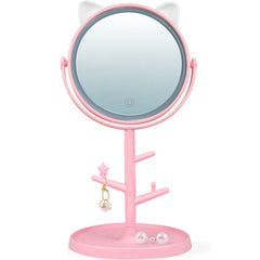 Miroir de maquillage cosmétique de table à LED avec porte-bijoux rechargeable