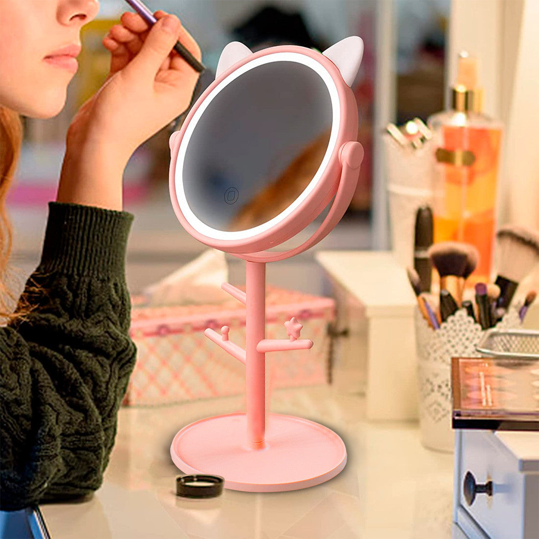 Miroir de maquillage cosmétique de table à LED avec porte-bijoux rechargeable