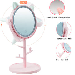 Miroir de maquillage cosmétique de table à LED avec porte-bijoux rechargeable