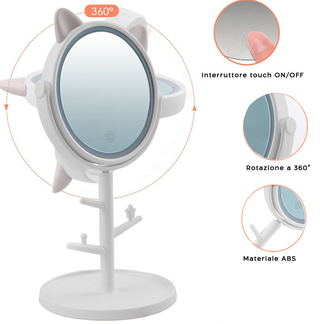 Miroir de maquillage cosmétique de table à LED avec porte-bijoux rechargeable