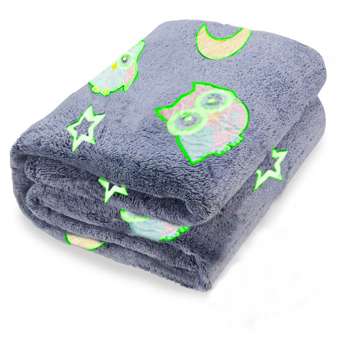 Doudou magique polaire bleu hiboux et étoiles fluo 170x120