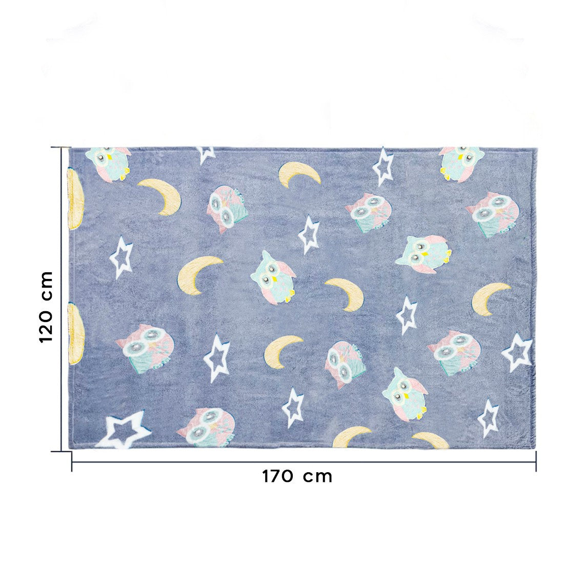 Doudou magique polaire bleu hiboux et étoiles fluo 170x120