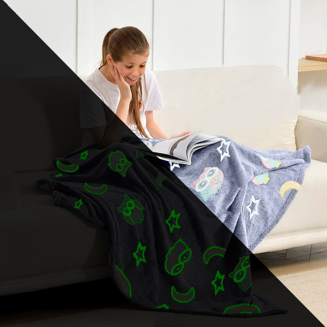 Doudou magique polaire bleu hiboux et étoiles fluo 170x120